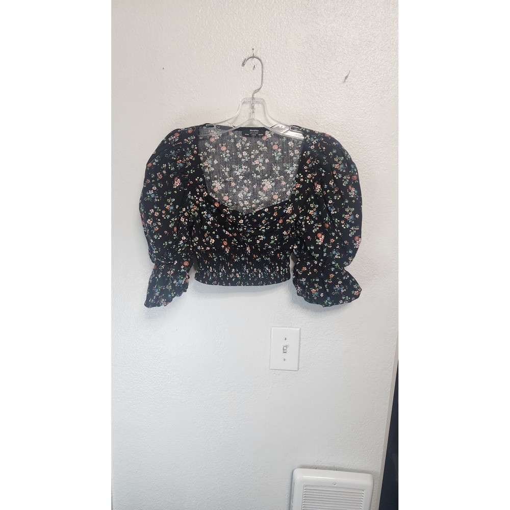 Bershka Floral Puff Sleeve Crop Top Women Size S Black Excellent